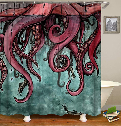 Fabric Shower Curtain,Kraken Octopus Red Nautical Fishes Seabed Scenic Ocean Theme Awesome Polyester Designer Cloth, Print Decorative Bathroom Curtains Include Hooks Set(72?w by 72?L) (217)