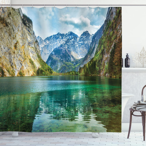 Ambesonne Landscape Shower Curtain, Serene Obersee Mountain Lake in Valley of Alps Germany Nature Picture, Cloth Fabric Bathroom Decor Set with Hooks, 69" W x 75" L, Jade Green Ambesonne Landscape Shower Curtain, Serene Obersee Mountain Lake in Valley of Alps Germany Nature Picture, Cloth Fabric Bathroom Decor Set with Hooks, 69" W x 75" L, Jade Green