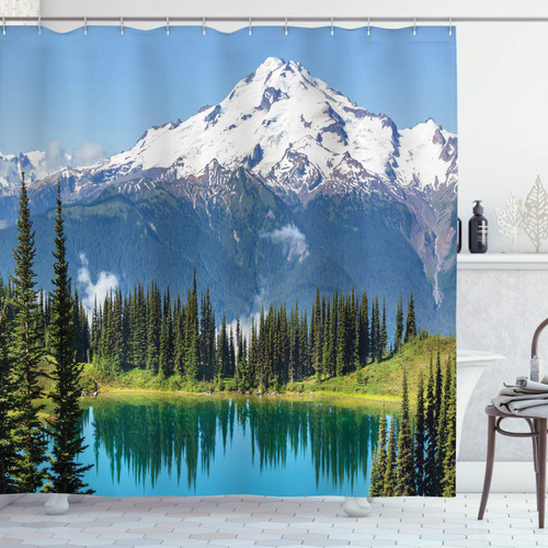 Ambesonne Landscape Shower Curtain, Lake and Snowy Glacier Peak in USA Tall Pine Tree Forest Illustration, Cloth Fabric Bathroom Decor Set with Hooks, 69" W x 75" L, White Green and Blue
