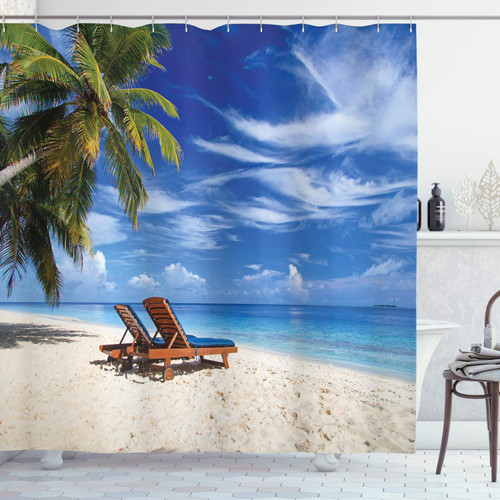 Ambesonne Seaside Shower Curtain, 2 Beach Chairs on The Tropical Sandy Beach Under Palm Trees Relaxing, Cloth Fabric Bathroom Decor Set with Hooks, 69" W x 84" L, Ivory Green