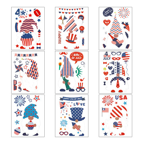 9 Sheets Patriotic Window Clings Stickers Removable USA 4th of July Gnome Patriotic Wall Decal Stickers for Independence Day Veterans Day Party Supplies Holiday Party Home Kitchen Office Decorations