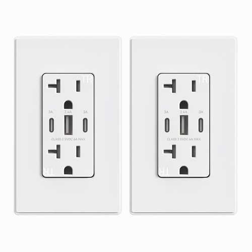 ELEGRP USB Outlets, 30W 6.0 Amp USB C Outlets Receptacles, 3-Port USB Wall Outlet, 20 Amp Tamper-Resistant Outlet with 2 USB C Ports, UL Listed, Screwless Wall Plate Included, 2 Pack, Matte White