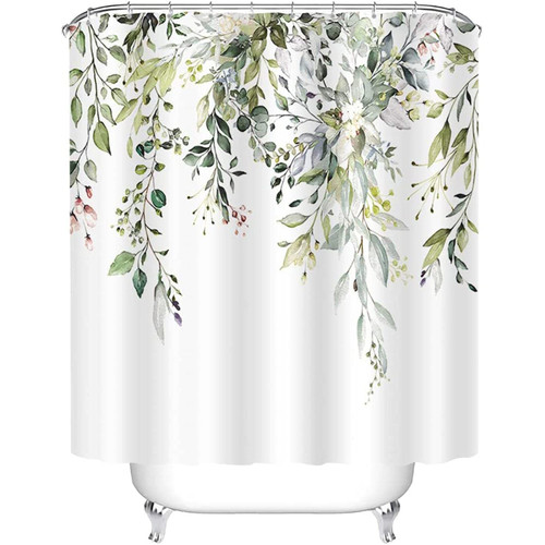 JIAMELUCK Green Leaf Plant Shower Curtain Waterproof Polyester Printed Bathroom Partition Decorative Curtain with Hook 170x170cm(67" Wx67 H)