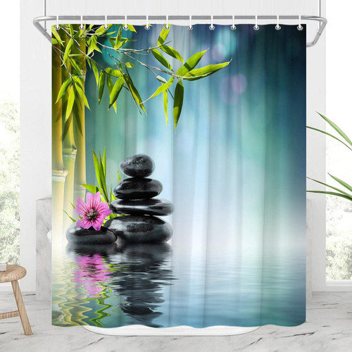 JIAMELUCK Shower Curtains Lotus Landscape Shower Curtains Stone Green Bamboo Flowers Plants Scenery Bathroom Decor 170x170cm(67" Wx67 H)