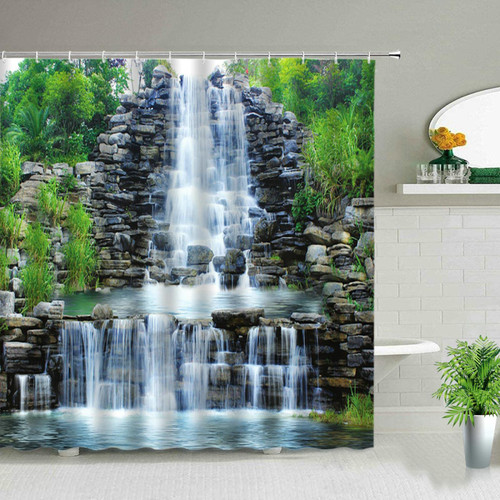 JIAMELUCK Forest Landscape Shower Curtains Tree Waterfall Waterproof Bathroom Curtain Bathtub Decor Cloth with Hook 170x170cm(67" Wx67 H)