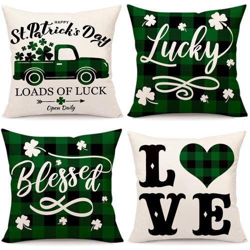AOKE Set of 4 St Patricks Day Pillow Covers 18x18 Inch, Green Buffalo Check Clover Lucky St Patricks Day Throw Pillows Decorative Cotton Linen Cushion Cases for Home Decor AOKE Set of 4 St Patricks Day Pillow Covers 18x18 Inch, Green Buffalo Check Clover Lucky St Patricks Day Throw Pillows Decorative Cotton Linen Cushion Cases for Home Decor