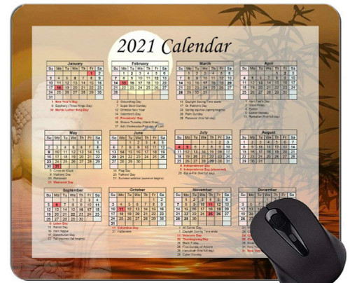 Gaming Mouse Pad 2021 Year Calendar with Holiday,Gold Orange Sun Mouse Pad with Stitched Edge