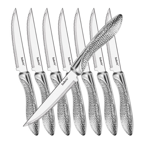 faderic Steak Knives Set of 8, Serrated Stainless Steel Sharp Blade Flatware Steak Knives, 4.5 In, Dishwasher Safe,Unique Hammered Pattern Hollowed Handle,For Kitchen Restaurant Tableware