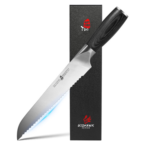 TUO Bread Knife - 8" Bread Slicing Knife Knife Serrated, German HC Steel Ergonomic Pakkawood Handle with Gift Box, Goshawk Series