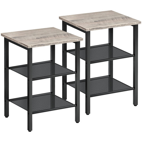 HOOBRO End Table, Nightstands Set of 2, 3-Tier Side Table with Mesh Shelves, Industrial End Table for Small Space in Living Room, Bedroom and Balcony, Stable Metal Frame, Greige and Black BG21BZP201