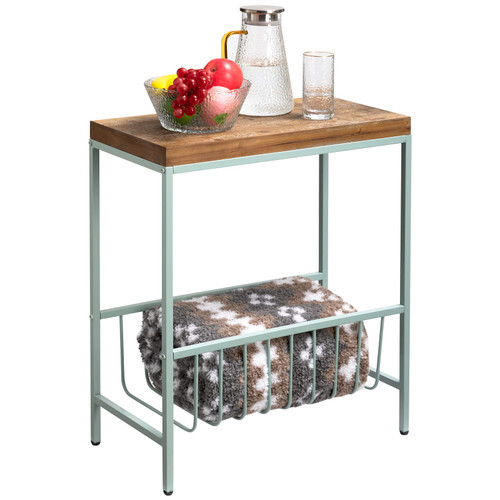 DOEWORKS Modern End Table with Storage, Mint Green Metal Frame and Wood Bedside Table, Living Room Coffee Table with Cloth Basket, Sofa Side Table for Bedroom, Balcony, Study Room