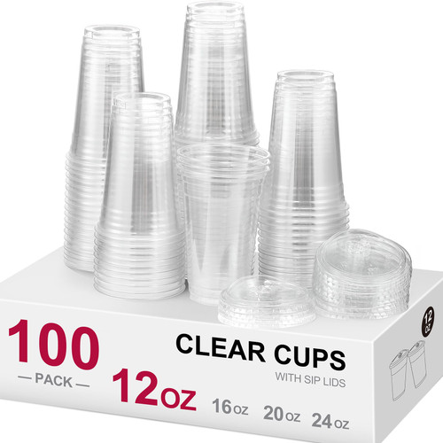 AOZITA [100 Sets, 12 oz Crystal Clear Plastic Cups With Strawless Sip Lids, Disposable Cups With Sip Lids for Iced Coffee, Smoothie, Milkshake, Cold Drinks AOZITA [100 Sets, 12 oz Crystal Clear Plastic Cups With Strawless Sip Lids, Disposable Cups With Sip Lids for Iced Coffee, Smoothie, Milkshake, Cold Drinks