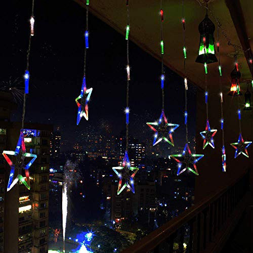 Ikakon Star Curtain Lights 8 Modes 12 Stars 142 LED Waterproof Linkable String Lights with RF Remote Decoration for Christmas Wedding Party Bedroom Patio UL Listed with Remote Contral