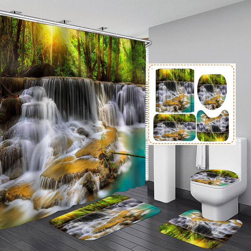 Fashion_Man 4PCS/Set 3D Waterfall Forest Waterproof Shower Curtain Scenery Polyester Bath Curtain Natural Landscape Bathroom Rugs Toilet Lid Cover Bathroom Decor +12 Hooks, 72"x72", Style 3