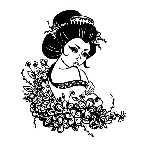 Wall Sticker in Japan Style-Geisha Japan Japanese Flowers-Vinyl Decal-Asian-Living Room Bar Club Restourant Wall Decor Decals-Custom Color-BG00-26-55d-11x14.7 in