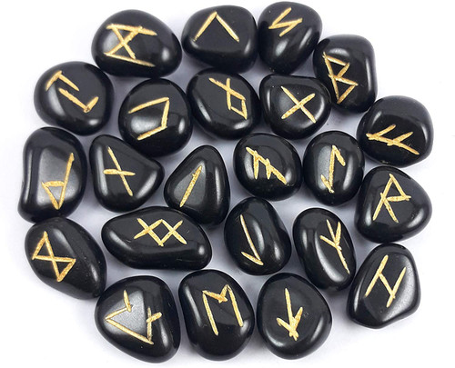 Sharvgun Runes Black Tourmaline Crystal Rune Stones Set Elder Futhark Viking Healing Reiki Divination (Black Tourmaline)