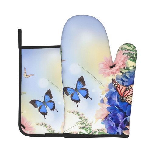 Flower Butterfly Oven Mitts and Pot Holders Set Heat Resistant Oven Glove and Potholder Kitchen Microwave Gloves for Baking BBQ Grilling Cooking Oven Mitts