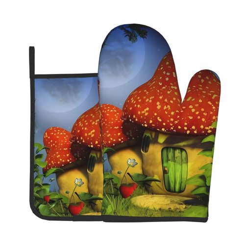 Fantasy Mushroom Sunflowers Oven Mitts and Pot Holders Set Heat Resistant Oven Glove and Potholder Kitchen Microwave Gloves for Baking BBQ Grilling Cooking Oven Mitts