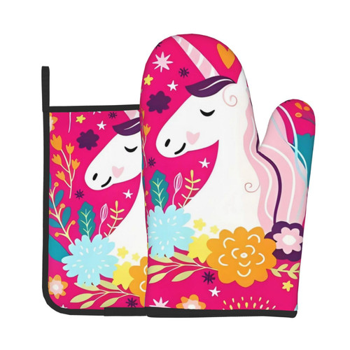 Fantasy Rainbow Oven Mitts and Pot Holders Set Heat Resistant Oven Glove and Potholder Kitchen Microwave Gloves for Baking BBQ Grilling Cooking Oven Mitts