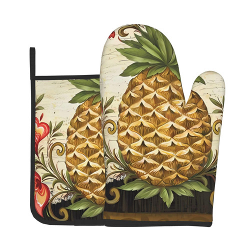 Pineapple Oven Mitts and Pot Holders Set Heat Resistant Oven Glove and Potholder Kitchen Microwave Gloves for Baking BBQ Grilling Cooking Oven Mitts