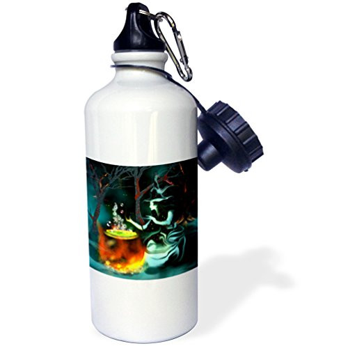 3dRose wb_127912_1"Ghost witch with mysterious glowing eyes cooks up a spooky brew in the dark misty woods." Sports Water Bottle, 21 oz, White