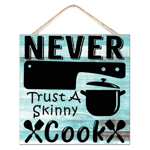 WSDESDEC Motivational Quotes Never Trust A Skinny Cook Wood Rustic Sign Home Wall Decor for Nursery Decor Bedroom New Home Owner Gift 12x12in
