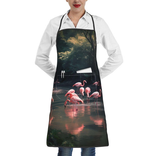 TOMPPY Pink Flamingo Printed Apron Waterproof Kitchen Apron For Women Adjustable Waist Cooking Apron With Pockets Suitable For Home Kitchen Cooking Waitress Chef Grill Apron