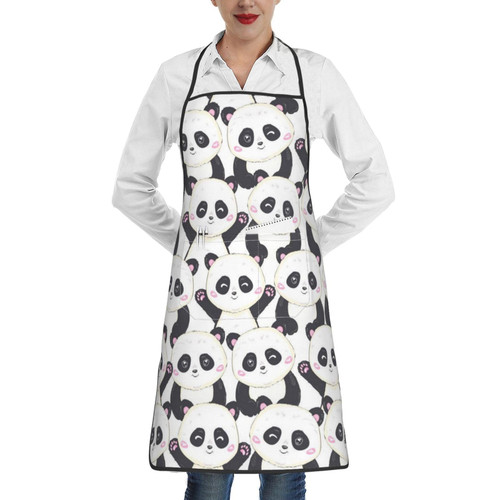 TOMPPY Panda Pattern Printed Apron Waterproof Kitchen Apron For Women Adjustable Waist Cooking Apron With Pockets Suitable For Home Kitchen Cooking Waitress Chef Grill Apron