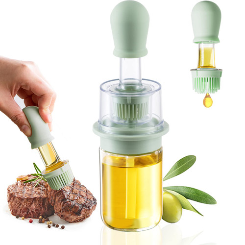 funvim Oil Dispenser Bottle for Kitchen with Silicone Brush,6oz Small Oil Dispenser with Measurements,Green 2 in1 Olive Oil Brush and Dispenser for BBQ,Salad,Pancake