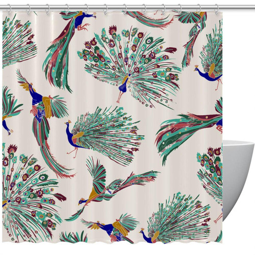 Shower Curtain for Bathroom, Watercolor Peacock Waterproof Fabric Bath Curtain Set with 12 Hooks, Standard Size 60 by 72