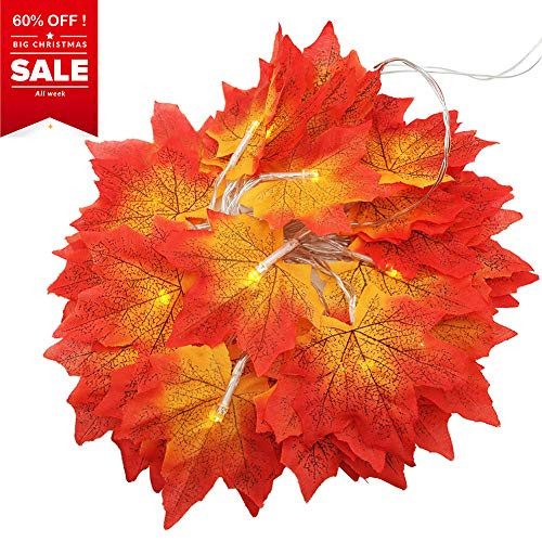 Fall Maple Leaf Garland 40 LED Maple Leaf String Lights - 13 fts Christmas Decorations Autumn Fairy Lights of Maple Leaves - Indoor Outdoor Wire Lights Fall Garland for Thanksgiving, Christmas