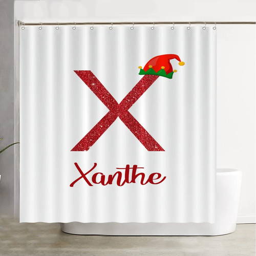 Personalized DIY Christmas 26 Letters Shower Curtain Bathroom Christmas Initial G with Elf Hat Shower Curtain 12 Hooks Fabric Waterproof with Reinforced Buttonholes Bathroom Curtain Decor 72 x 72