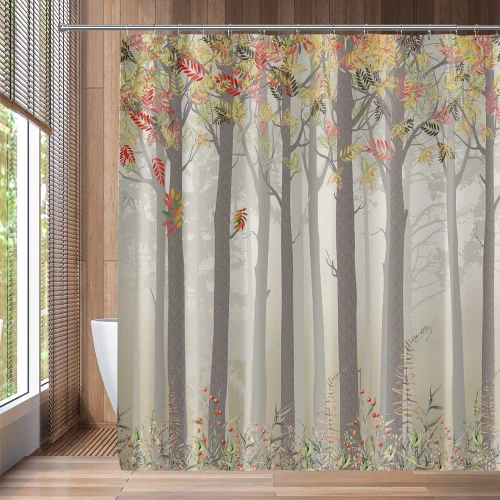 QZJDX Fall Forest Shower Curtain for Bathroom Abstract Autumn Trees with Yellow and Red Leaves Plants Flowers Decor Fabric Bath Curtains 70"x70"