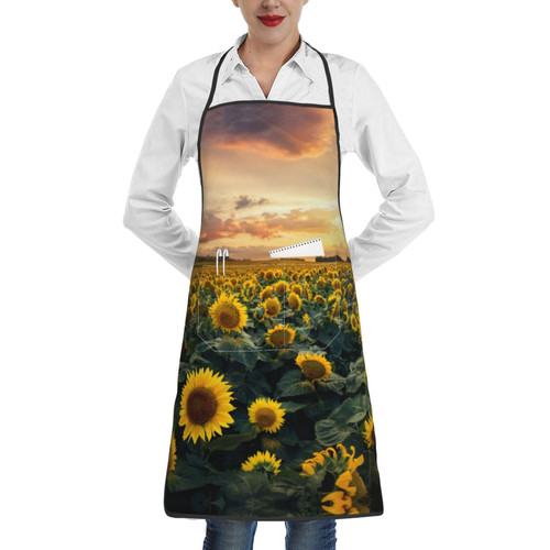 OUSIKA Sunflower Farmland Apron With Pockets Waterproof Kitchen Cooking Chef Aprons Bib For Baking Gardening Bbq