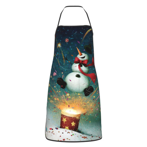 Snowman Christmas Printed Apron Cooking Kitchen Aprons Waterproof Bib With 2 Pockets Unisex Kitchen Apron