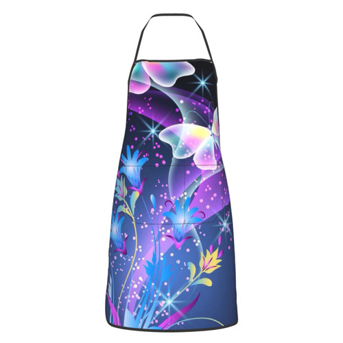 Purple Butterfly Printed Apron Cooking Kitchen Aprons Waterproof Bib With 2 Pockets Unisex Kitchen Apron