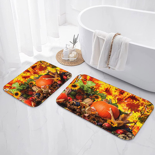 ArtSocket Bathroom Rugs and Mats Set 2 Piece, Bathroom Rugs Non Slip, Fashion Printed Pumpkins Fall Leaves Absorbent Microfiber Memory Foam Bath Mat Machine Washable Bathroom Floor Mats