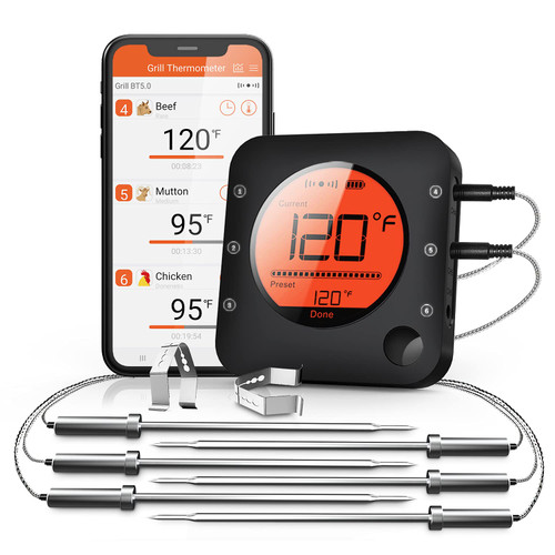BFOUR Bluetooth Meat Thermometer Wireless Meat Thermometer, Wireless Digital Grill Thermometer with 6 Temperature Probes, Large LCD Display, Bluetooth Thermometer for Grill, Smoker, Oven and BBQ BFOUR Bluetooth Meat Thermometer Wireless Meat Thermometer, Wireless Digital Grill Thermometer with 6 Temperature Probes, Large LCD Display, Bluetooth Thermometer for Grill, Smoker, Oven and BBQ