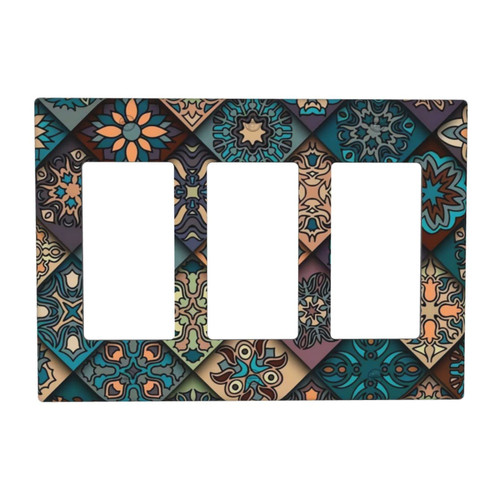 Talavera Mexican Tiles Light Switch Cover Decorative 3 Gang Rocker/Decora Wall Plate Covers Vintage Art Mandala Floral GFCI Faceplate for Bedroom Kitchen Decor 4.65" X 6.57"