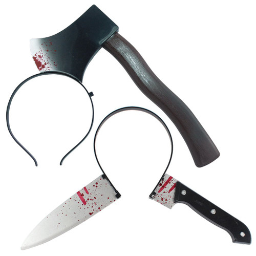 2pcs Funny Scary Halloween Props Through Head Bloody Headband Hairband Hair Hoop Horror Party Costume Accessories Trick Toy (Axe+ Bayonet) Decor for Celebration Party