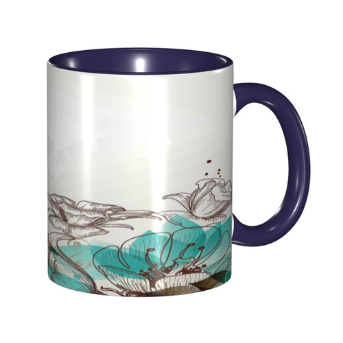 LIGUTARS Coffee Mug, Turquoise Decor Personalized Mug, Retro Floral Background with Hibiscus, 11oz, For Warm Drinks and Everyday, Beige Teal