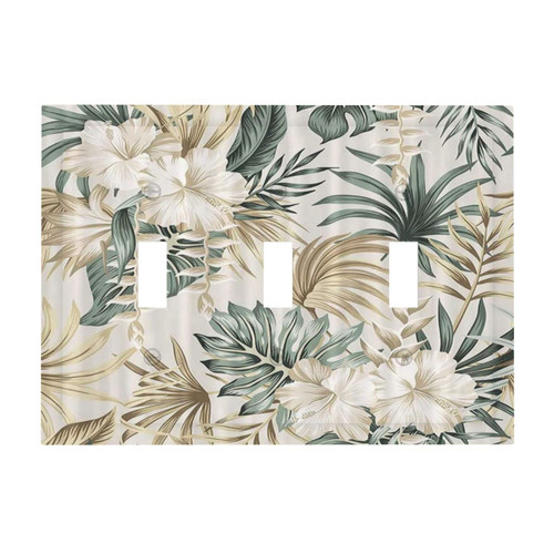 Tropical Plant Flower Vintage Palm Leaves 3 Gang Light Switch Cover Decorative Triple Toggle Wall Plate Electrical Switchplate Faceplate for Bathroom Kitchen Home Decor