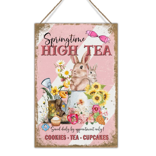 Swavecat Wall Art Decor Sign Easter Bunny Flowers Spring Time Sign Pink Stripes Cookie Tea Cupcakes Wall Hanging Plaques Easter Eggs Farmhouse Bunny Wood Plaque for Bedroom 12x18in