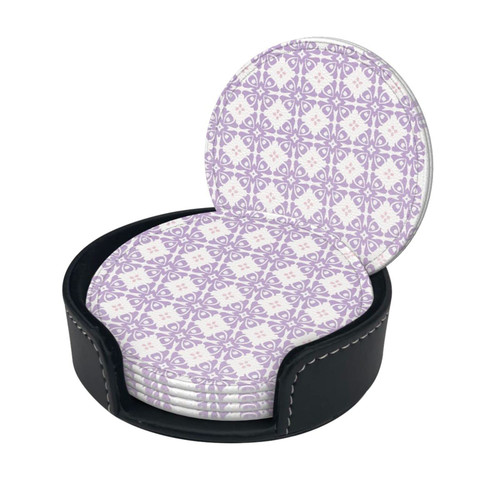 Round Coaster Set of 6 with Holder Lavender-Pattern Leather Coasters for Drinks