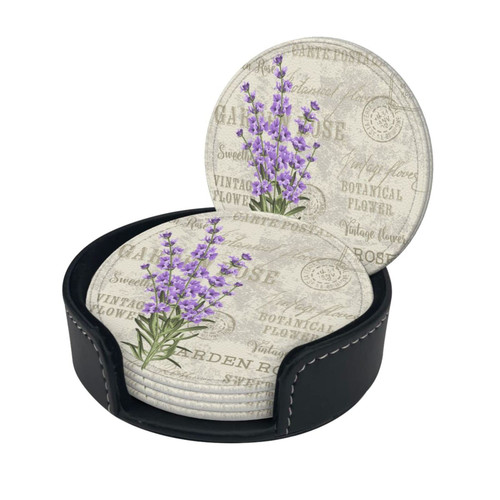 Round Coaster Set of 6 with Holder Lavender-Elegant-Vintage Leather Coasters for Drinks