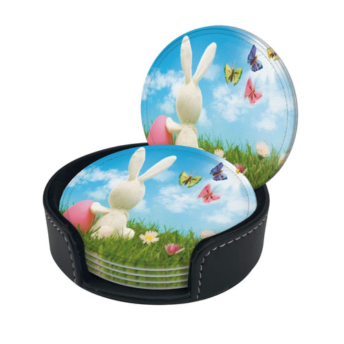 Round Coaster Set of 6 with Holder Easter-Bunny-Coloured-Eggs-Butterfly Leather Coasters for Drinks