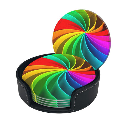 Round Coaster Set of 6 with Holder Colorful-Rainbow-Hurricane-Swirl Leather Coasters for Drinks