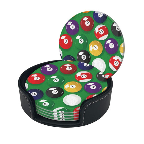 Round Coaster Set of 6 with Holder Billiards-Full-Base-Pattern Leather Coasters for Drinks