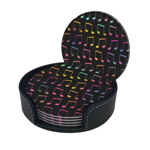 Round Coaster Set of 6 with Holder Music-8th-Note Leather Coasters for Drinks