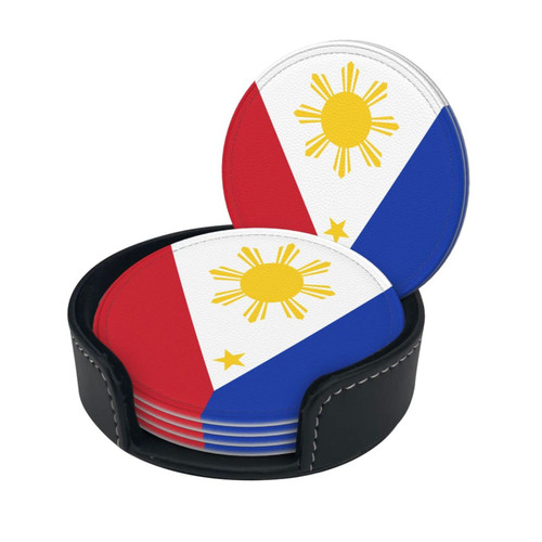 Round Coaster Set of 6 with Holder Philippine-Flag-Proud Leather Coasters for Drinks